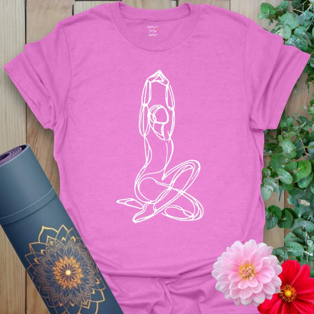 Radiant orchid-colored yoga tee with seated goddess line-art celebrating divine feminine power, intuition, and spiritual connection.