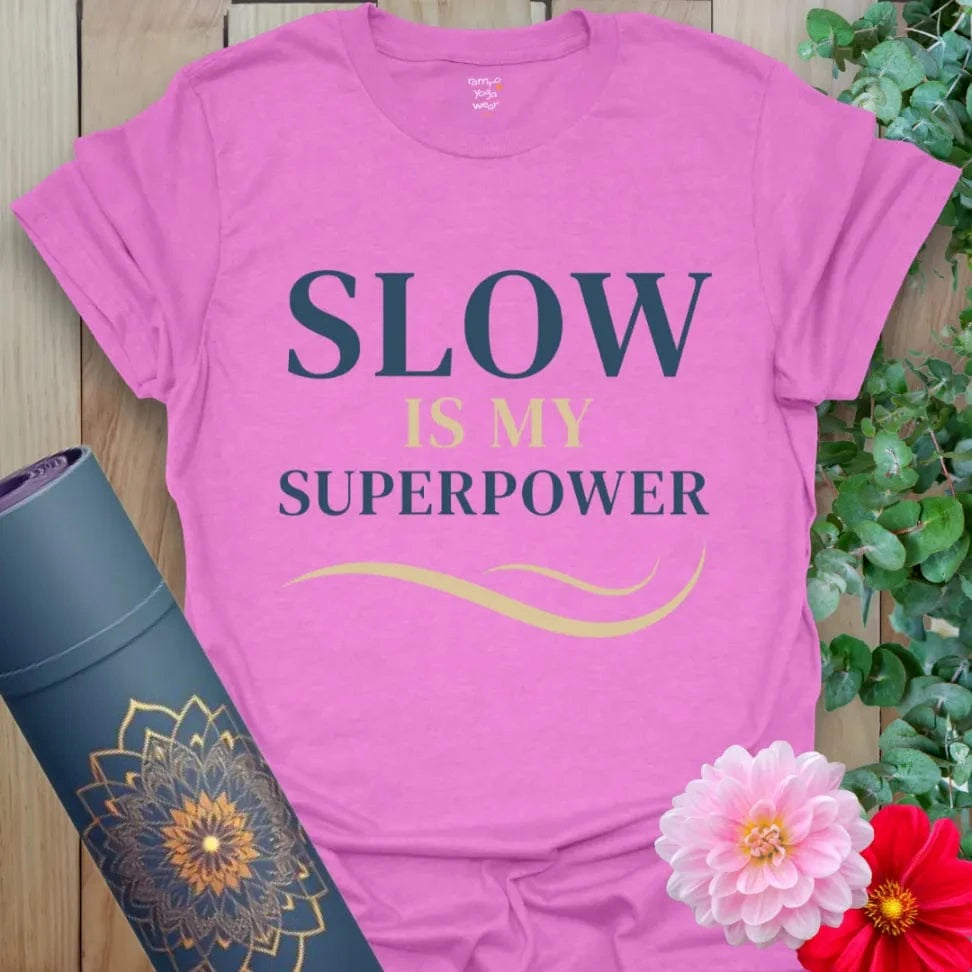 Slow T-Shirt in Heather Radiant Orchid with graceful swirl and bold message. Lightweight cotton tee for intentional yoga.