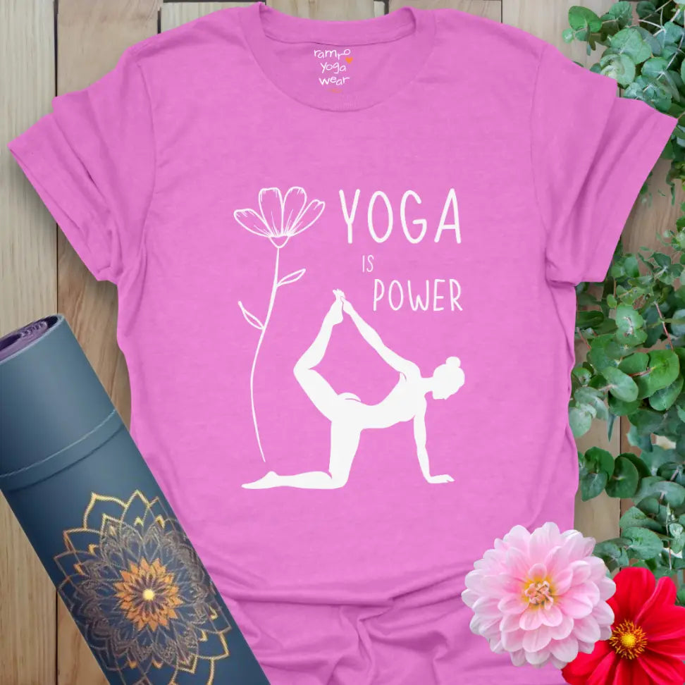 Heather Radiant Orchid Soft Power T-Shirt featuring Dancer’s Pose silhouette with a flower.