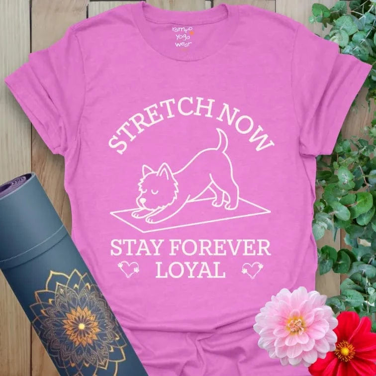 Heather Radiant Orchid Stay T-Shirt with playful dog stretch graphic and yoga-inspired loyalty message.