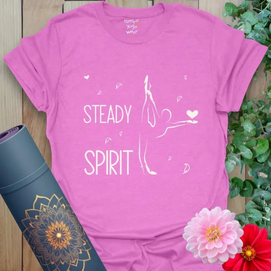 Heather Radiant Orchid Steady Spirit T-Shirt with inspiring yoga illustration and uplifting “Steady Spirit” message. Bright and soulful yoga apparel.