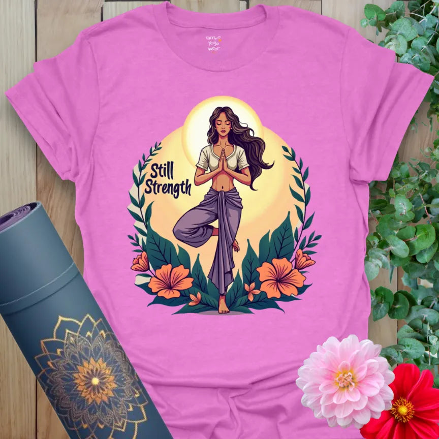 Radiant orchid-colored tee featuring powerful yogi artwork with lush plants and calming energy for mindful movement.