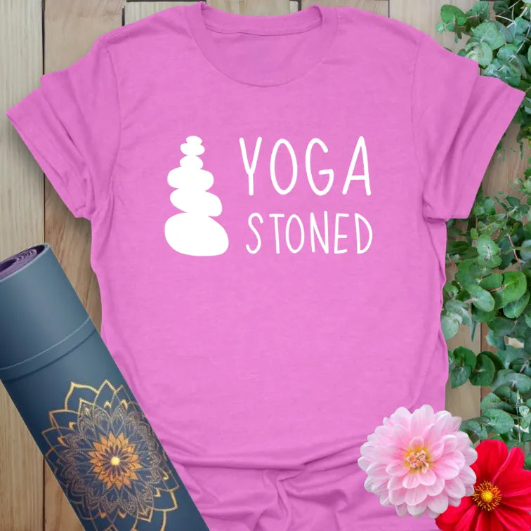Radiant orchid-colored tee with white rock stack and bold lettering for funny, light-hearted yoga vibes.