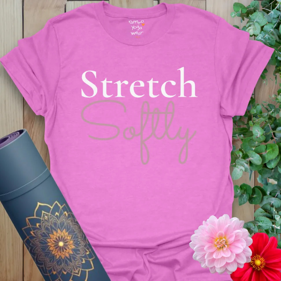Radiant orchid pink tee with bold white and flowing pink text. A vibrant yet soft yoga T-shirt for mindful stretches.