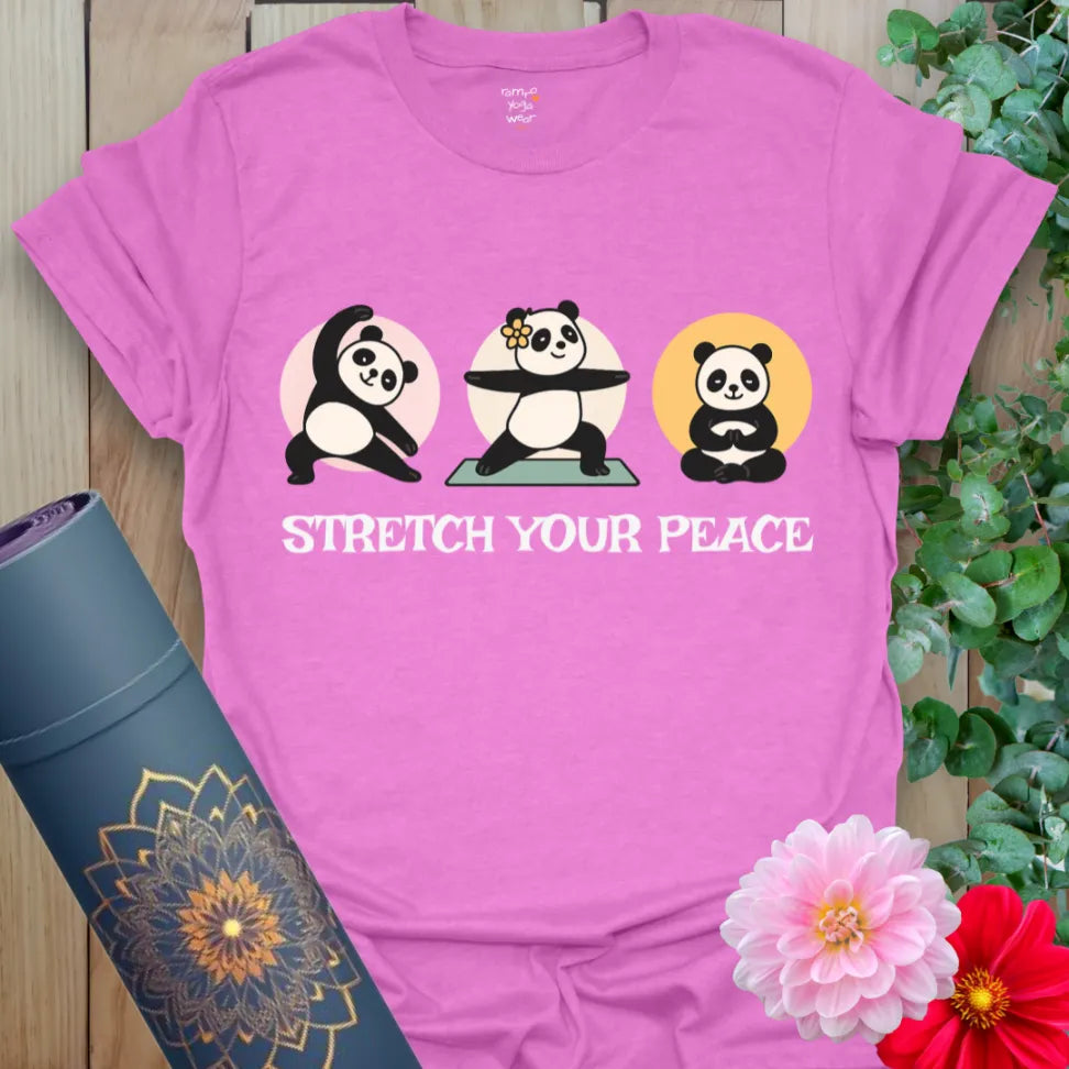 Radiant orchid-colored tee with cute panda yogis and mindfulness pun for soulful fun and flow.