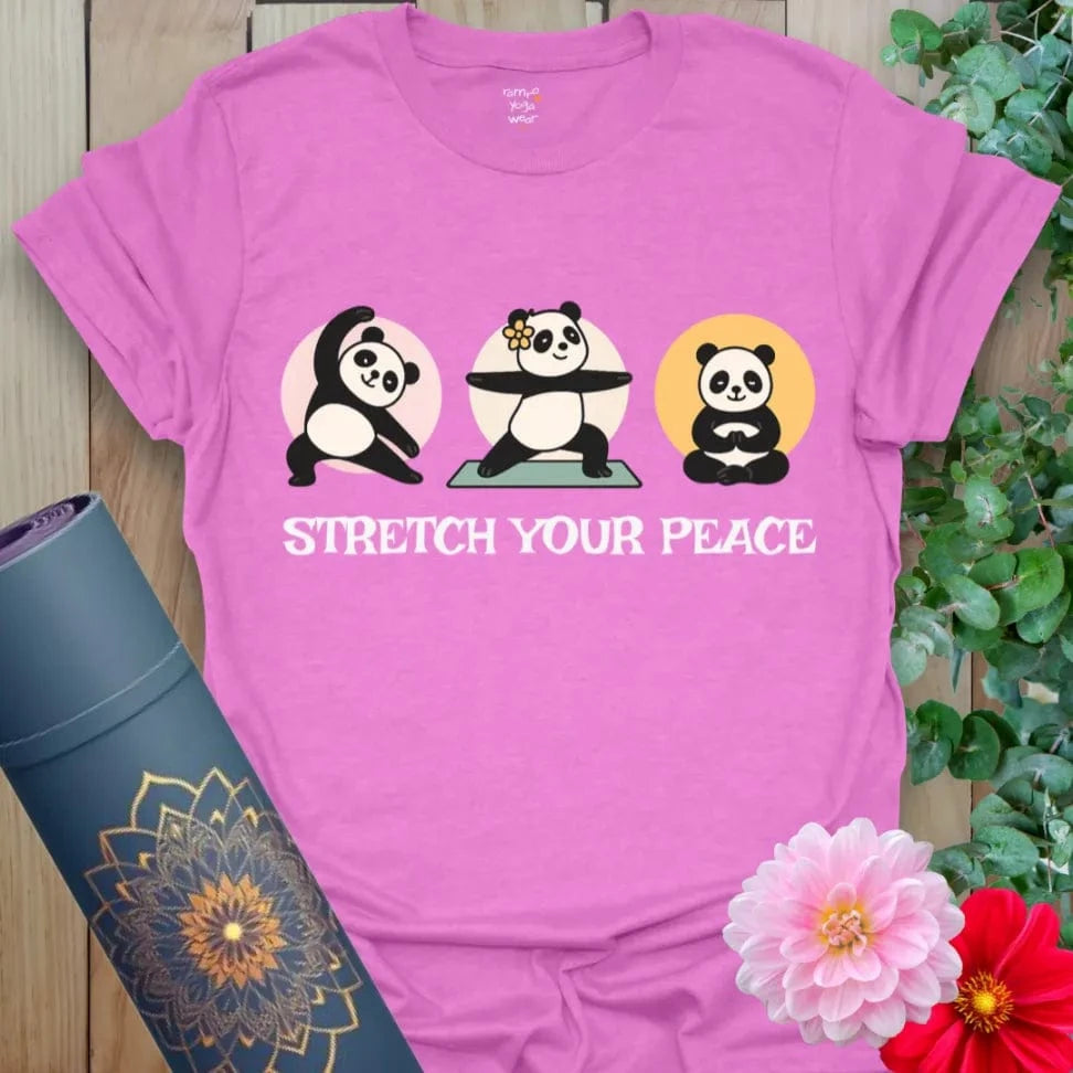 Radiant orchid-colored tee with cute panda yogis and mindfulness pun for soulful fun and flow.