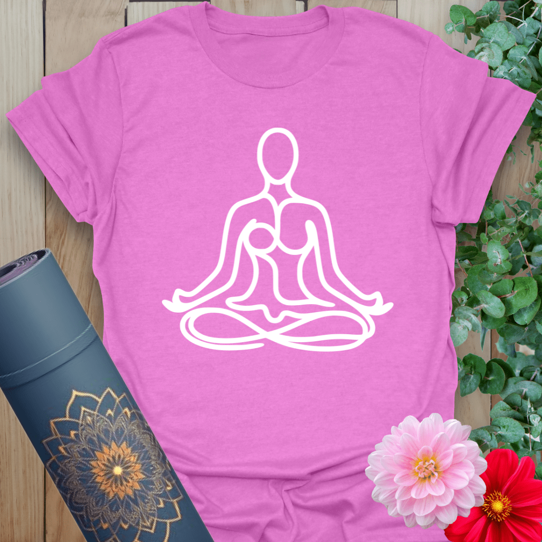 Radiant orchid-colored t-shirt featuring sacred seated figures in white line art, ideal for meditation and mindful living.