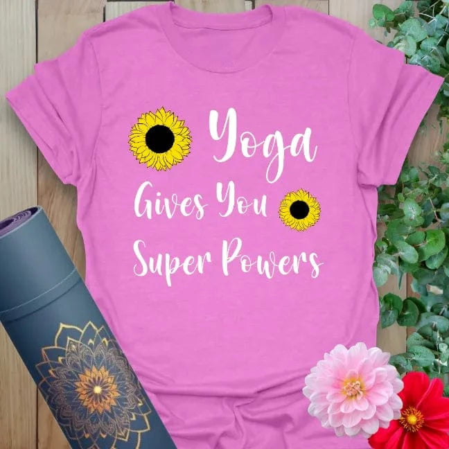 Radiant orchid-colored t-shirt with bold motivational quote and flower accents for spirited and soulful movement.