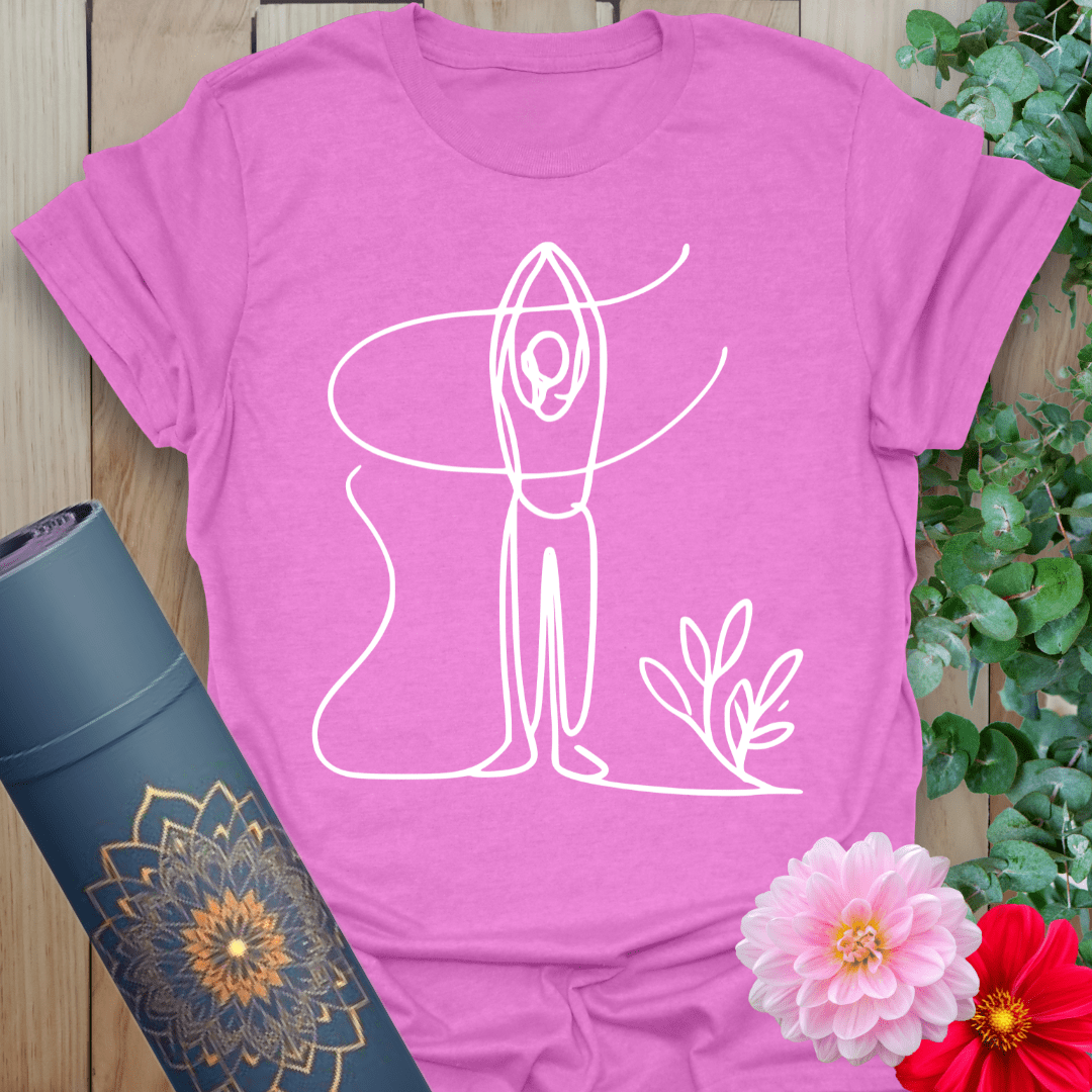 Radiant orchid-colored tee with flowing yoga line art in Mountain Pose for soulful and minimalist practice.