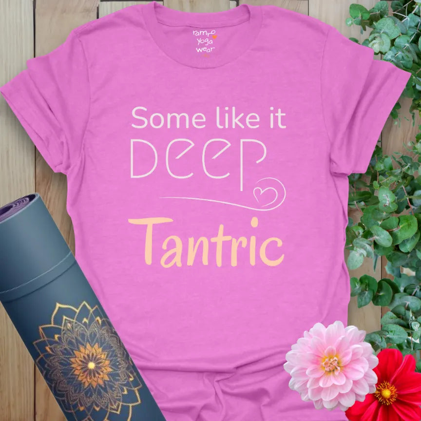 Heather Radiant Orchid Tantric T-Shirt with lighthearted “Some Like It Deep” message. A soulful tee with a playful edge.