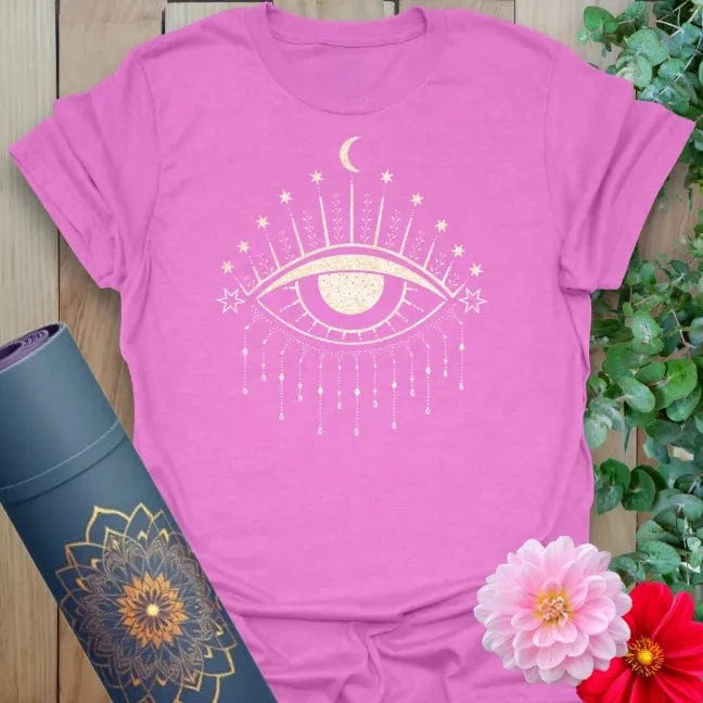 Radiant orchid-colored tee showcasing gold third eye symbol with moon and stars for conscious living.