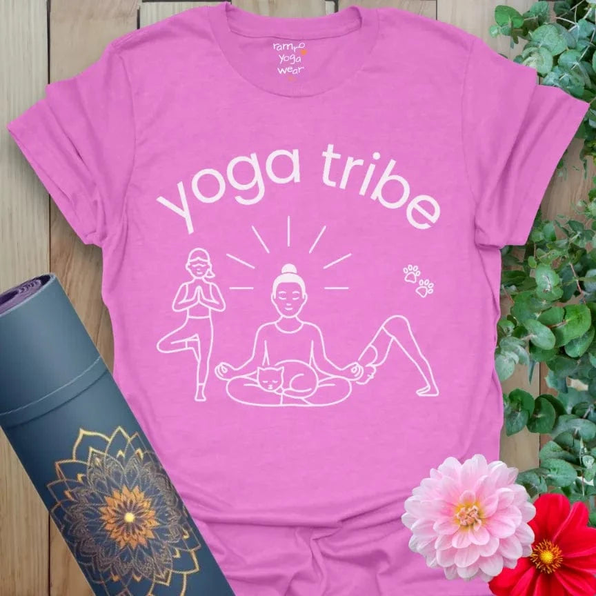 Heather Radiant Orchid Tribe T-Shirt with yoga tribe artwork. A soulful yoga gift tee for unity and love.