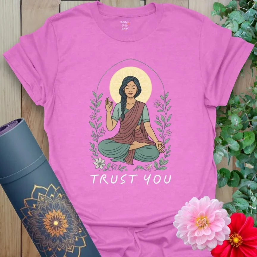 Radiant orchid-colored tee with full-color seated figure and trust affirmation for spiritual and emotional clarity.