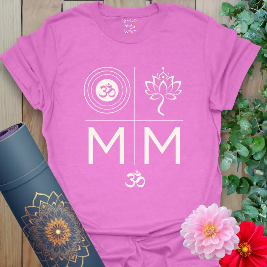 Radiant Orchid tee featuring a sacred symbol grid: Om rings, lotus, and bold MM lettering. Feminine and high-frequency.