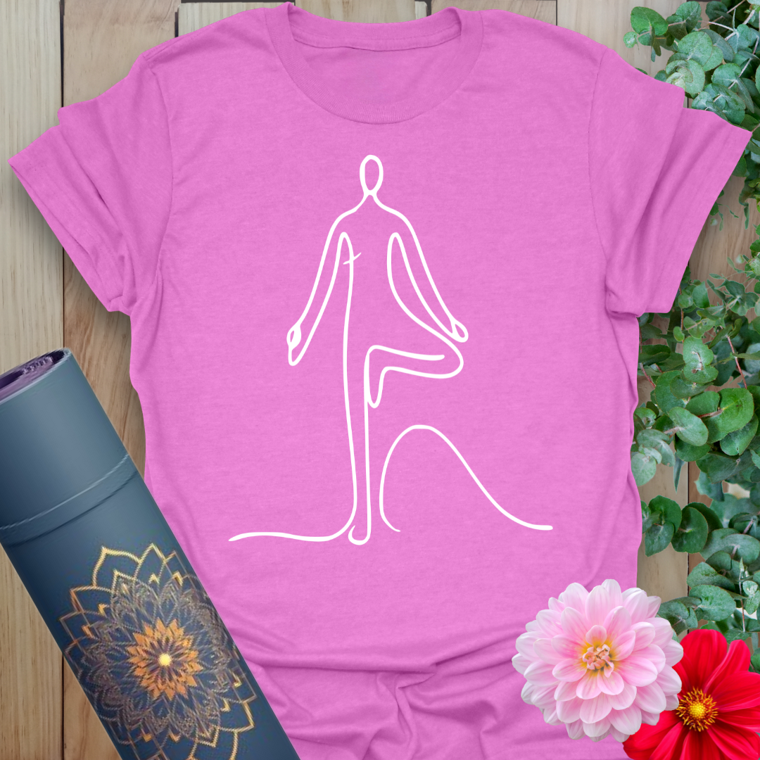 Radiant orchid-colored tee with minimalist Tree Pose design for mindful movement and soft strength.