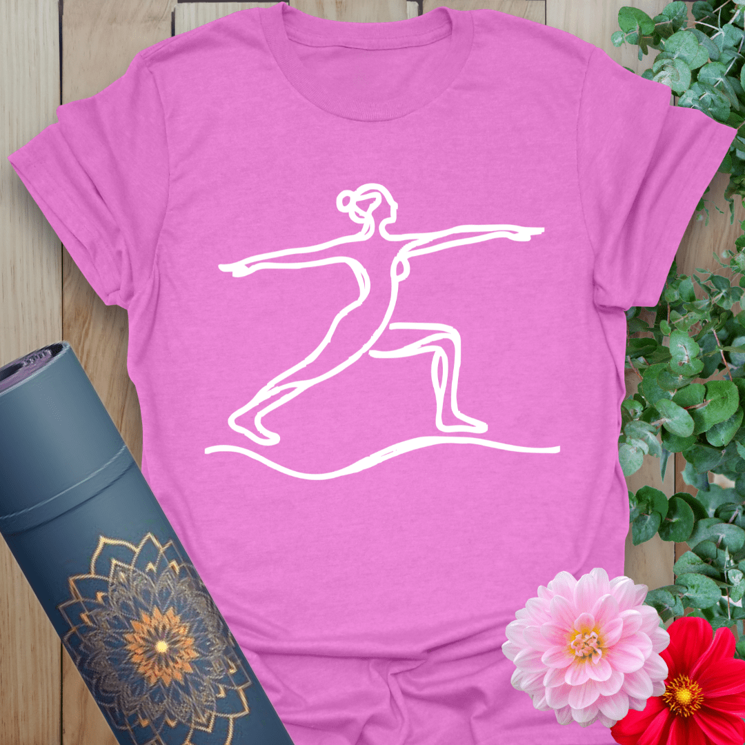 Radiant orchid-colored tee with elegant yoga pose drawing representing grace and inner power.