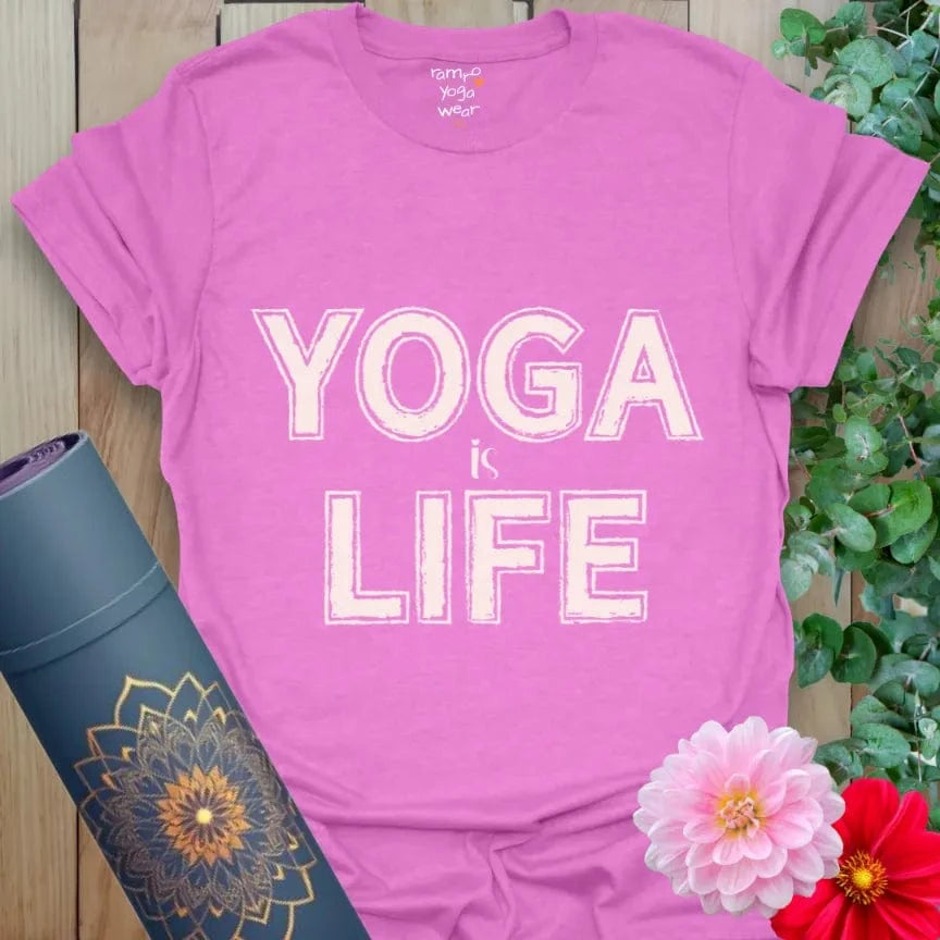 Heather Radiant Orchid Yoga Life T-Shirt with bold distressed text design. Yoga shirt celebrating mindful living and daily yoga lifestyle.
