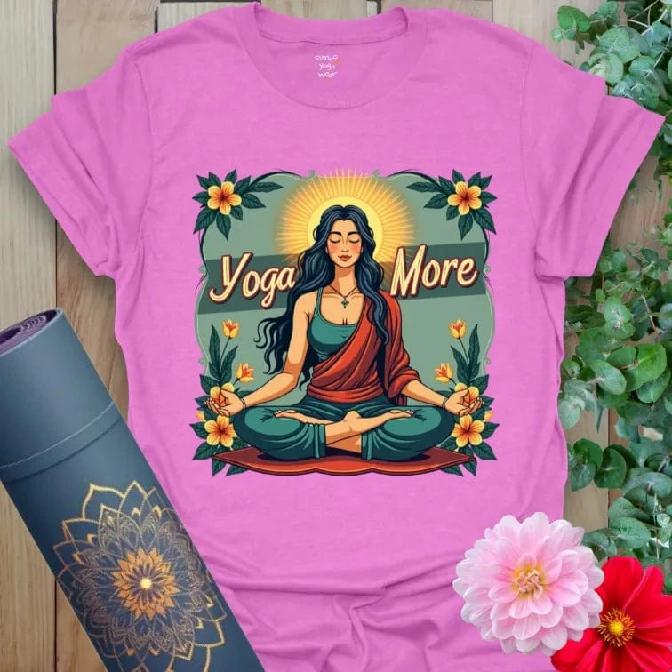 Radiant orchid-colored tee with full-color meditation artwork and yoga-inspired mantra for soulful flow.