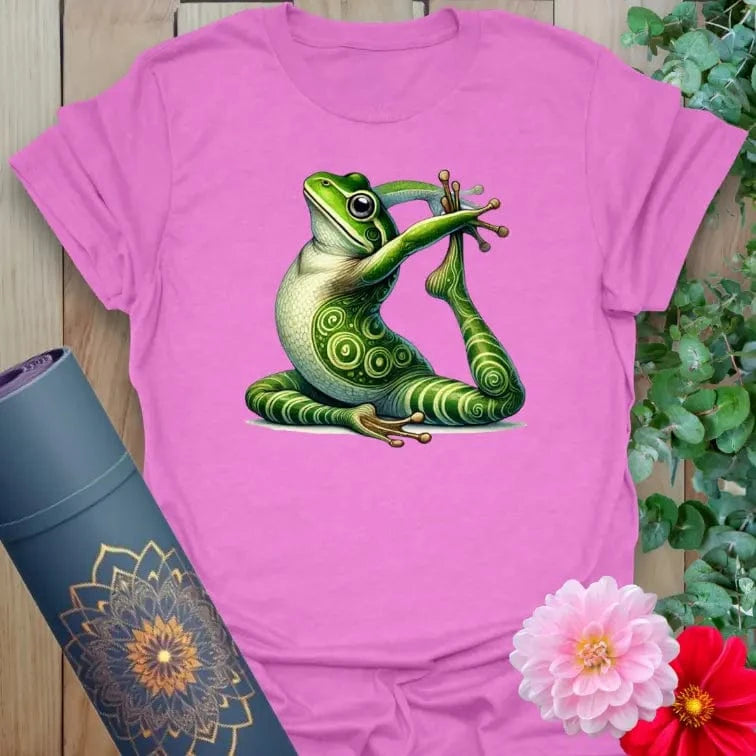 Radiant orchid-colored tee featuring yoga frog artwork for quirky, soul-centered wear.
