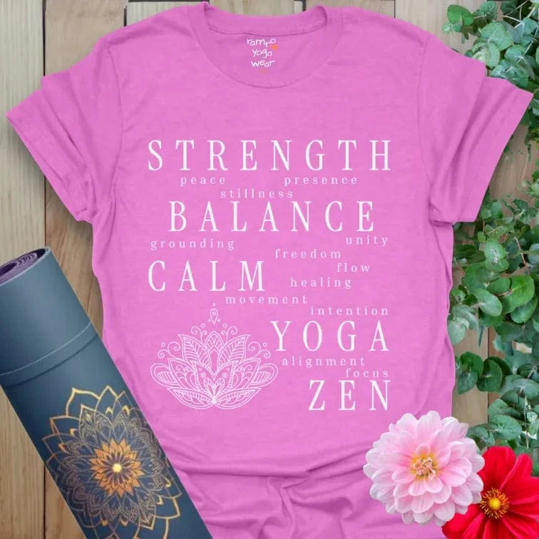 Motivational yoga gift tee with balanced typography and mandala detail.