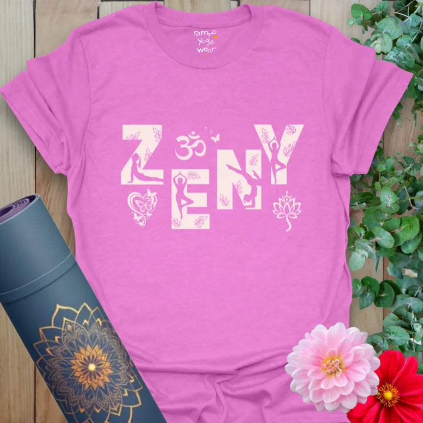 Heather Radiant Orchid Zeny T-Shirt featuring leafy yoga figures and spiritual motifs in bold, joyful lettering. A statement of balance.