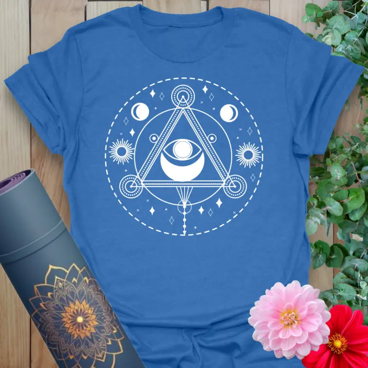 Crafted with love by Ramro Yoga Wear, here is our Heather Royal All Seeing Eye T-Shirt – boho style sacred geometry tee for spiritual seekers.