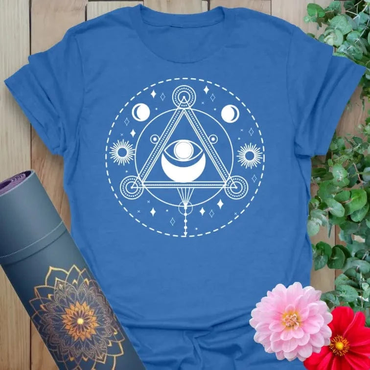 Crafted with love by Ramro Yoga Wear, here is our Heather Royal All Seeing Eye T-Shirt – boho style sacred geometry tee for spiritual seekers.
