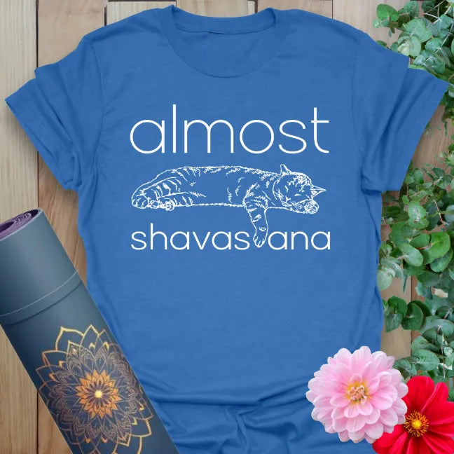 Heather Royal Almost Shavasana T-Shirt – soft cotton yoga t-shirt with funny savasana artwork.