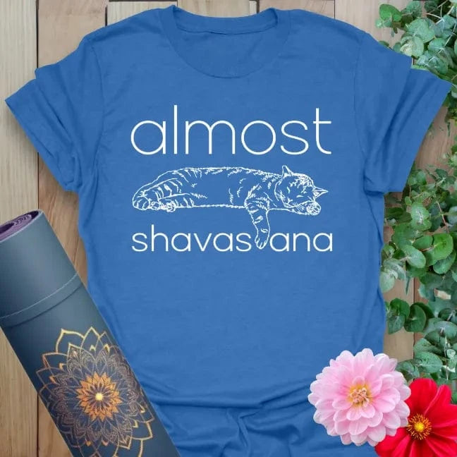 Heather Royal Almost Shavasana T-Shirt – soft cotton yoga t-shirt with funny savasana artwork.