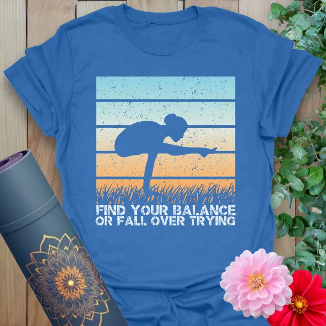 Blue yoga shirt with balance-themed quote and stretching pose silhouette