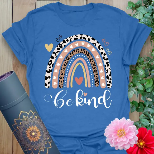 Blue Be Kind T-Shirt with leopard-print rainbow and kindness quote