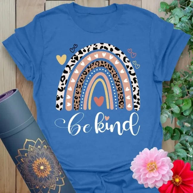Blue Be Kind T-Shirt with leopard-print rainbow and kindness quote