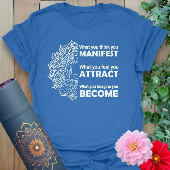 Blue yoga shirt with manifestation mantra and sacred mandala art