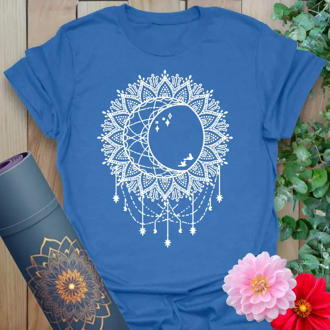 Blue celestial t-shirt with detailed mandala sun and moon phases