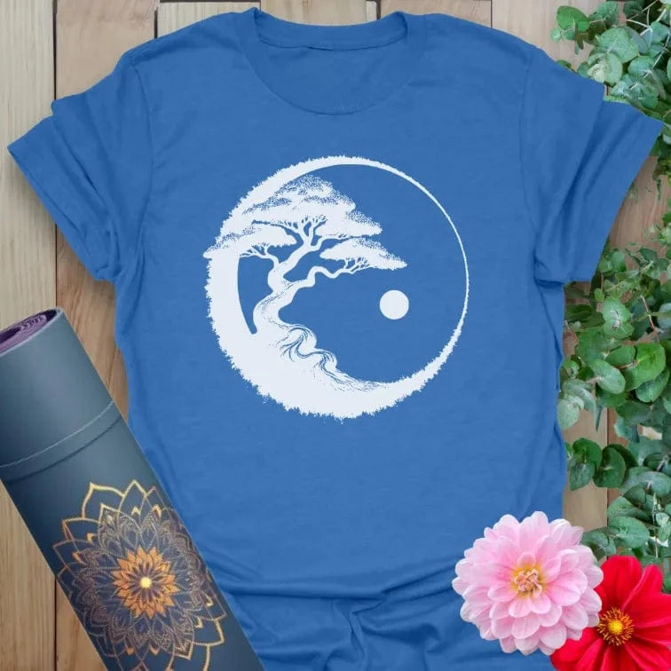 Blue bonsai tree shirt with symbolic balance and peaceful nature graphic