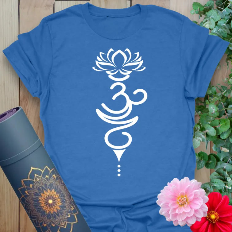 Blue yoga tee with minimalist lotus and spiritual symbol print