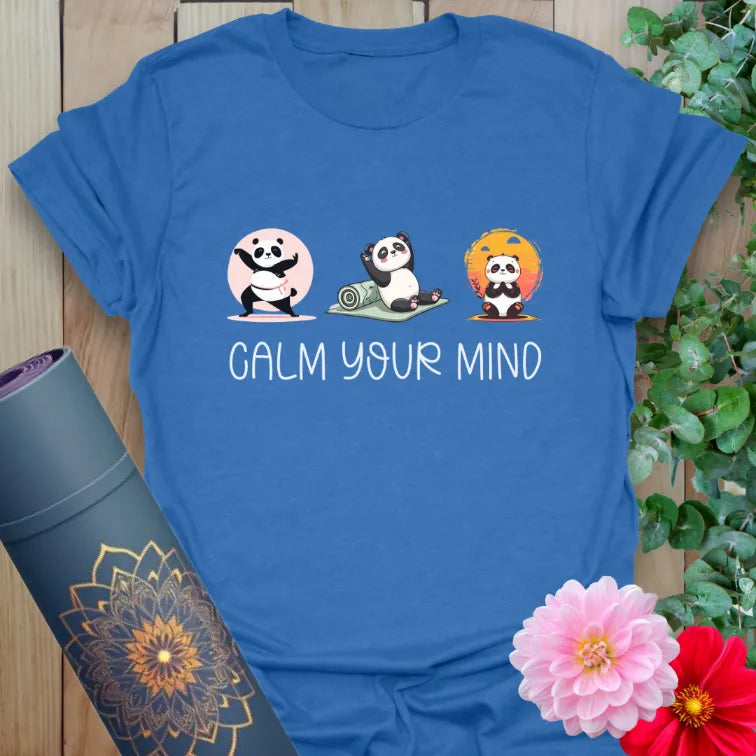 Blue Calm T-Shirt with playful panda poses and calming quote