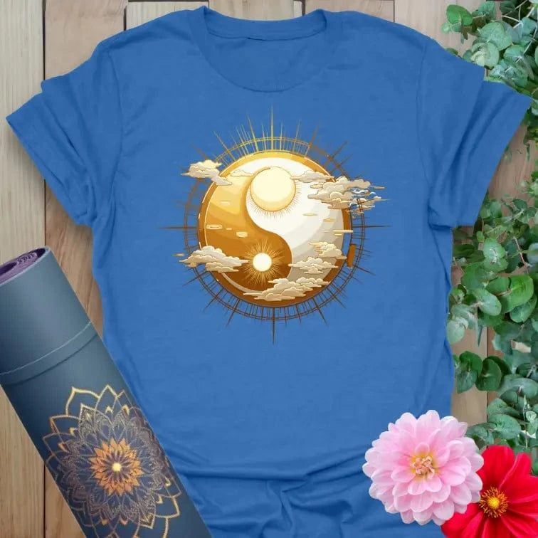 Blue Cosmic Harmony T-Shirt with mystical gold yin-yang and cosmic balance theme