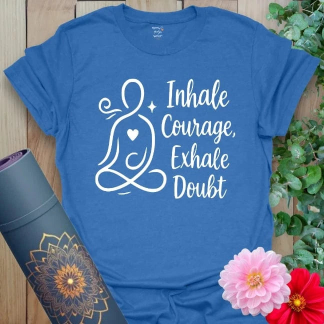 Blue Courage T-Shirt with mindful message and serene meditating design