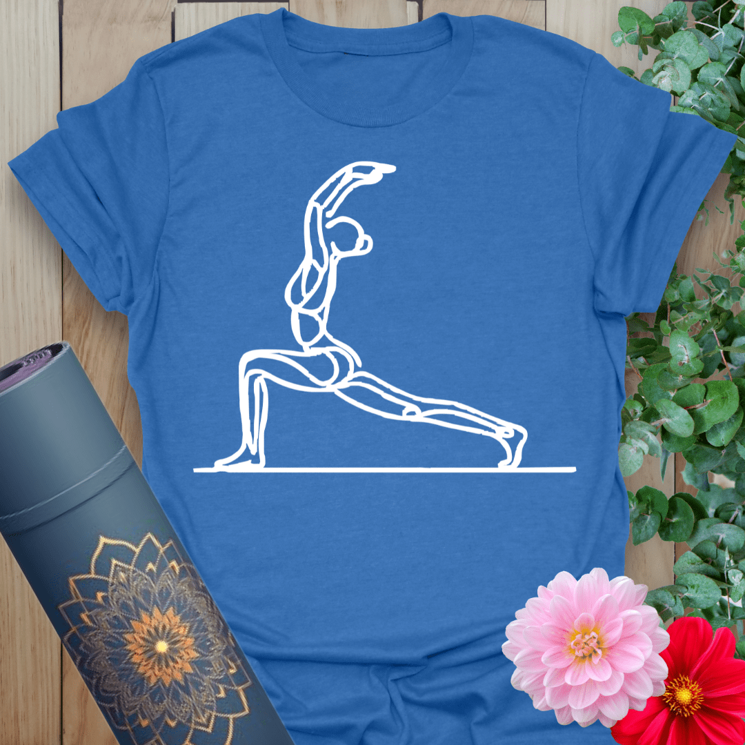 Blue Crescent Lunge T-Shirt with elegant line art yoga pose illustration