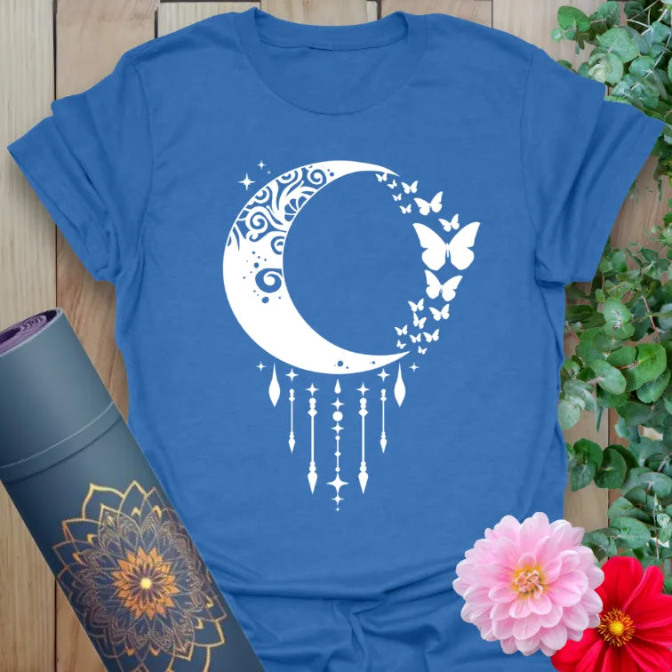Blue Crescent Moon T-Shirt with celestial crescent and transformation symbolism