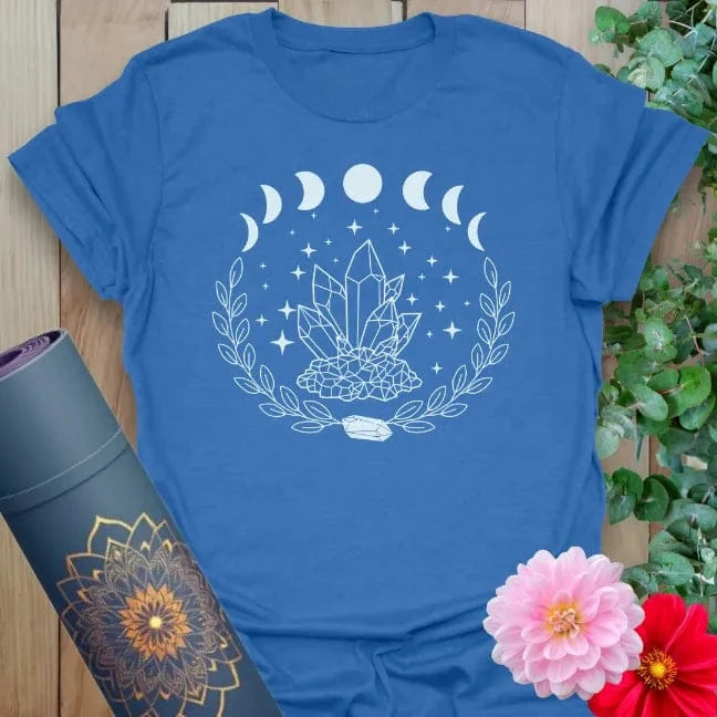 Blue Crystal T-Shirt with celestial crystal cluster and lunar phases