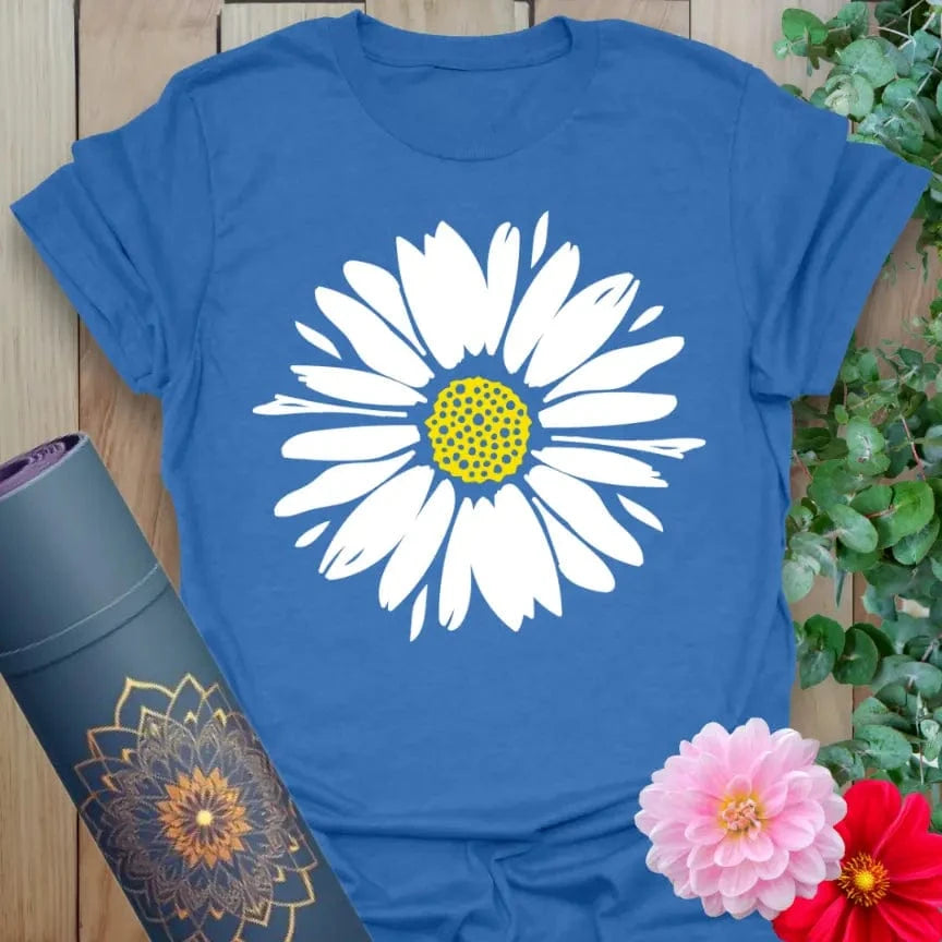 Blue Daisy T-Shirt with playful pink daisy and sunny vibe illustration