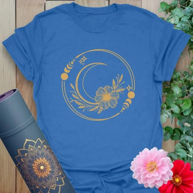 Blue Divine T-Shirt with cosmic moon and flower sacred feminine illustration