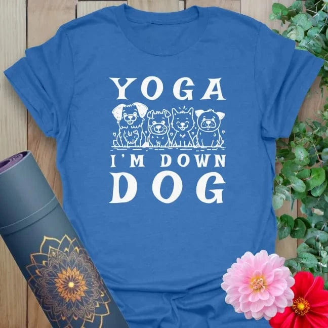 Blue Dog Ready T-Shirt with adorable yoga dog illustrations and fun quote