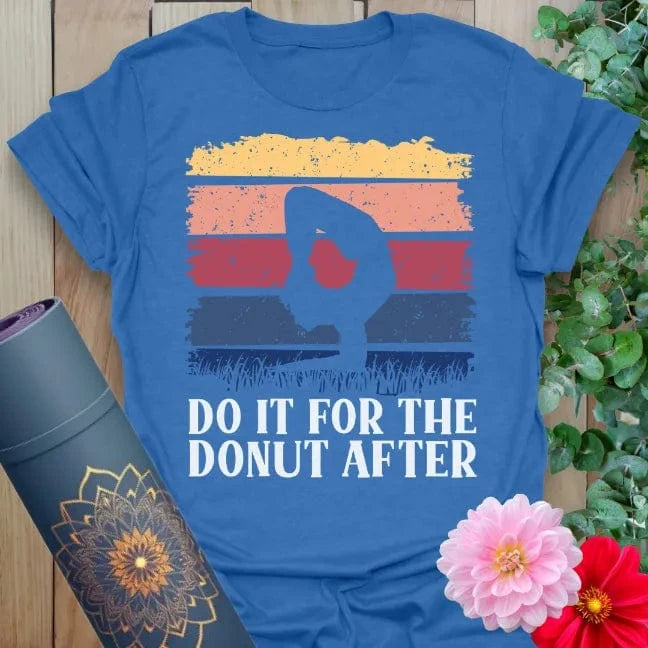 Blue Donut T-Shirt with vibrant yoga pose and "do it for the donut" quote