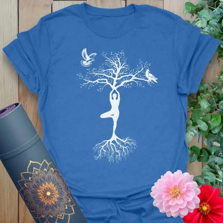 Blue Dove in Flight T-Shirt featuring elegant tree-rooted yogi and soaring doves