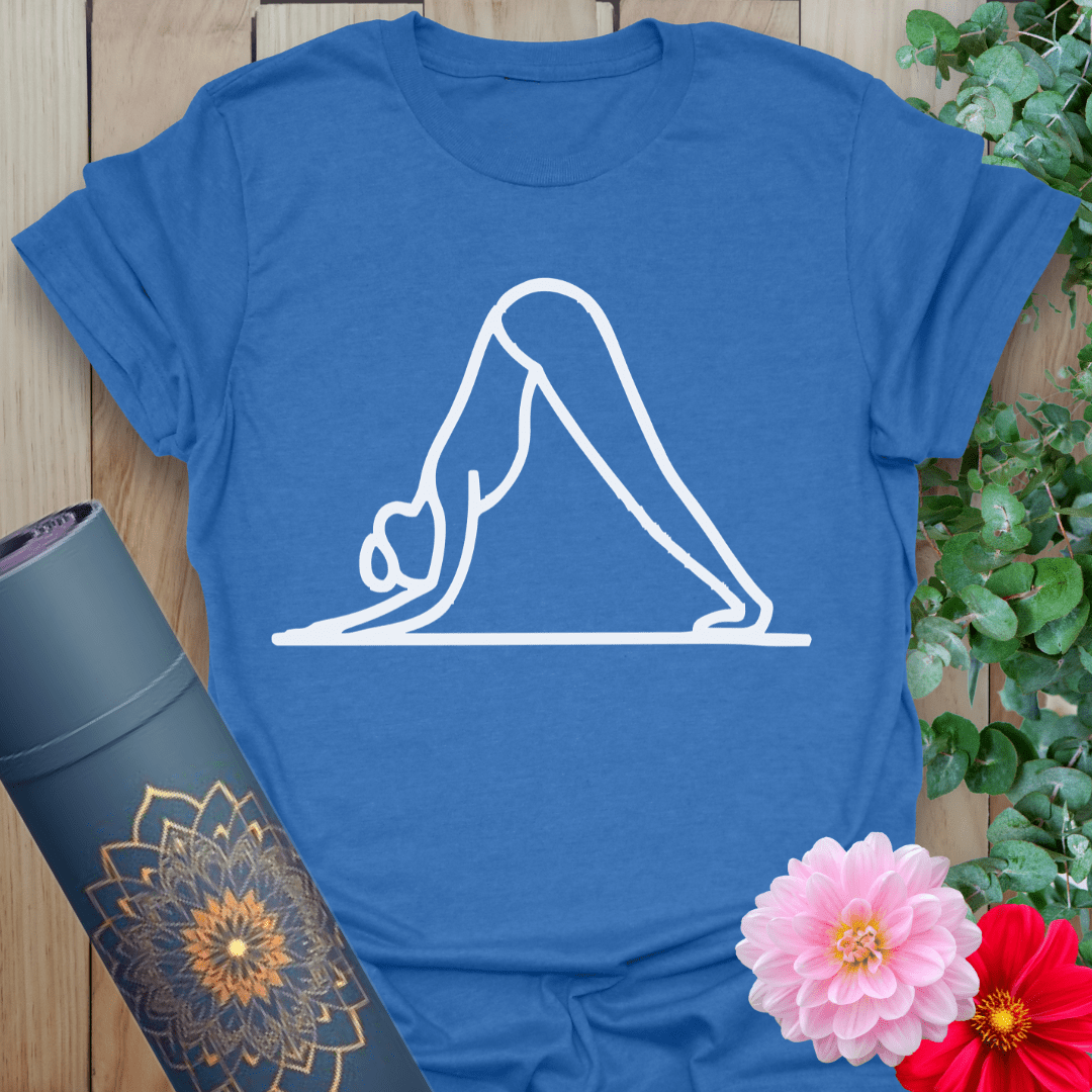 Blue Downward Dog T-Shirt with graceful yoga art and relaxed fit
