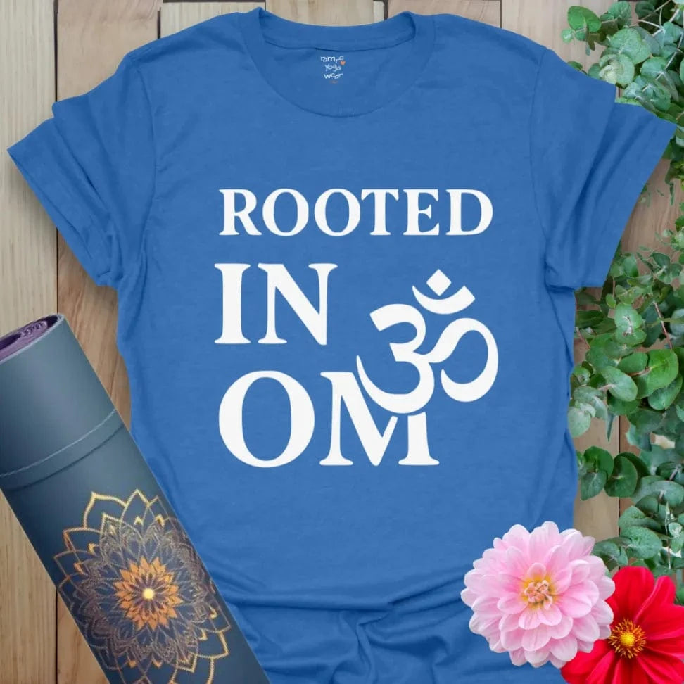 Blue Earth & OM T-Shirt with grounding "Rooted in OM" spiritual statement