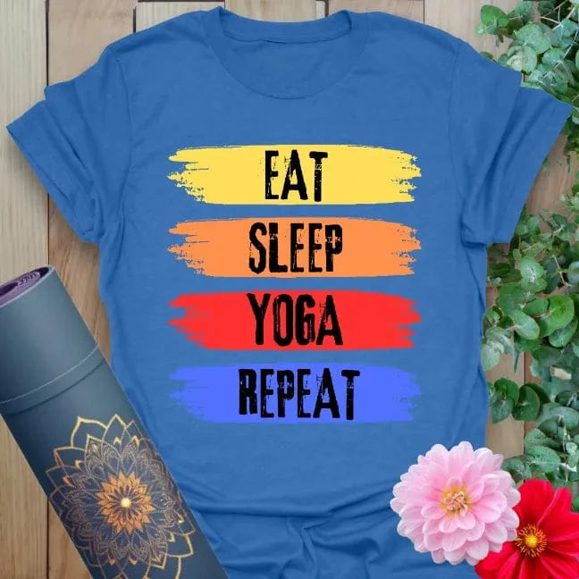Blue Eat Sleep T-Shirt with colorful yoga flow quote for mindful living
